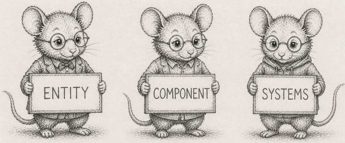 Three mice: ENTITY, COMPONENT, SYSTEMS — naming the layout that splits an entity into component columns