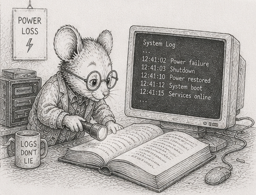 A mouse and a system log surviving a power loss - the log does not lie.
