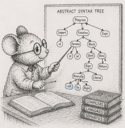 A mouse with an expression tree - the same tree as boxes-and-arrows, as one array, and written out in order to run straight through.