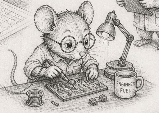 Engineer-fuel coffee, mouse soldering — work buffered on the bench, applied in a batch