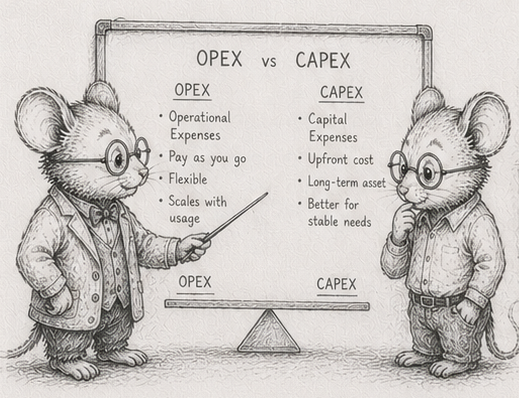 Two mice at a blackboard weighing OPEX against CAPEX - operating cost paid forever versus capital paid once.
