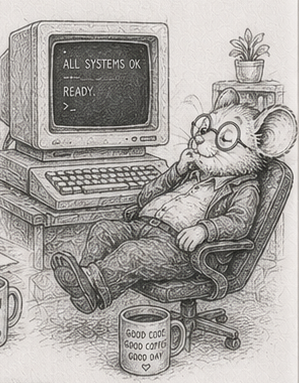 A mouse with its feet up under 'ALL SYSTEMS OK' - it runs without you.